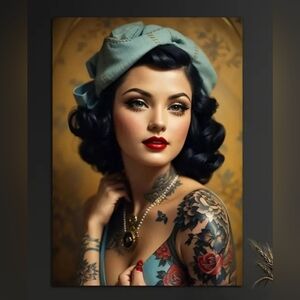 Vintage Tattoo Lady with Green Silk Hat  In Color Canvas Art Print
